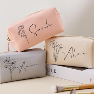 Personalisierte Kosmetiktasche mit Namen, benutzerdefinierte Geburtsblumen-Make-up-Tasche, Monogramm-Kulturtasche, Brautjungfer Geschenk, Weihnachtsgeschenk, Geschenk für sie