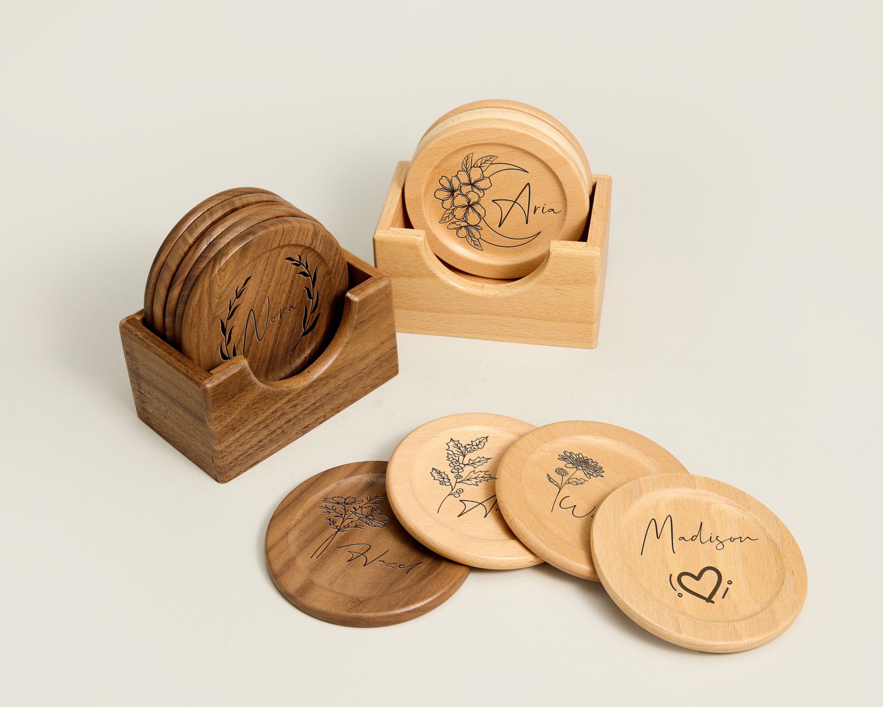 Wooden Coaster with Engraving for Couples, Custom Walnut Oak Coasters for Couples, Housewarming, Anniversary Gift for Her, Gift for Mum