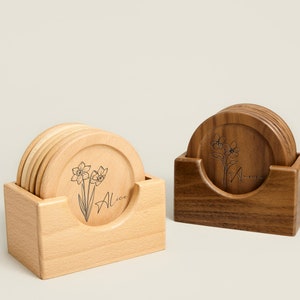 Personalized Wooden Coaster with Engraved Name, Custom Walnut Oak Coasters for Couples, Housewarming, Anniversary Gift for Her, Gift for Mum
