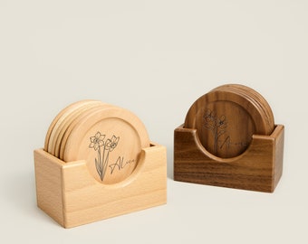 Gepersonaliseerde houten onderzetter met gegraveerde naam, aangepaste Walnut Oak Coasters voor koppels, Inwijdingsfeest, jubileumcadeau voor haar, cadeau voor mama