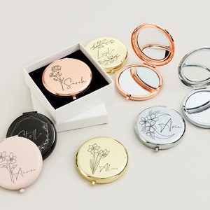 Personalisierter goldener Taschenspiegel als Geschenk für Sie, Geschenk mit Namen der Brautjungfer mit Gravur, individueller Make-up-Spiegel mit Geburtsblumen für Jahrestagsgeschenke Bild 2