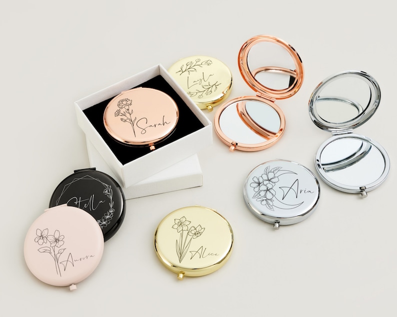 Miroir de poche doré personnalisé pour elle, cadeau prénom de demoiselle d'honneur gravé, miroir de maquillage fleurs de naissance personnalisé pour cadeaux d'anniversaire image 2