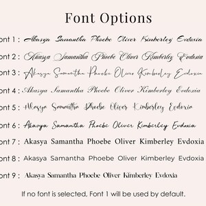 May include: A beige graphic displays nine font options with the text "Font Options" at the top. Each font is shown with the same names: Akasya, Samantha, Phoebe, Oliver, Kimberley, and Evdoxia. The text "If no font is selected, Font 1 will be used by default."
