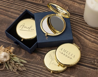 Personalized Compact Mirror with Name,Custom Engraved Gold Pocket Makeup Mirror,Bridesmaid Proposal Gifts,Wedding Party Favors