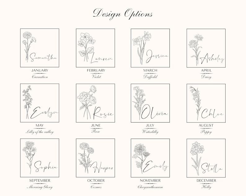 May include: A chart with 12 floral designs, each representing a month of the year. Each design includes a flower, the month's name, and the flower's common name. For example, January is represented by a carnation, February by a violet, and March by a daffodil.