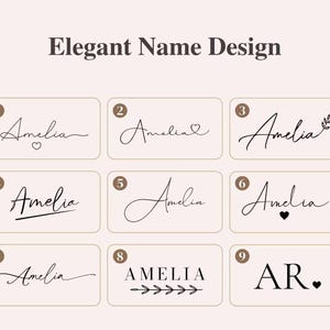 May include: A grid of nine distinct name design options labeled with numbers one through nine. The text Elegant Name Design appears at the top. Eight options display the name Amelia in various script fonts, some with hearts or leaves, and one option displays the initials AR with a heart.