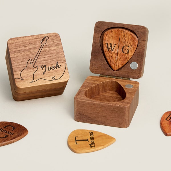 Personalized Guitar Picks, Custom Wooden Guitar Pick Case Box with Engraving, Wood Guitar Pick Organizer Music Gift for Guitarist Musician