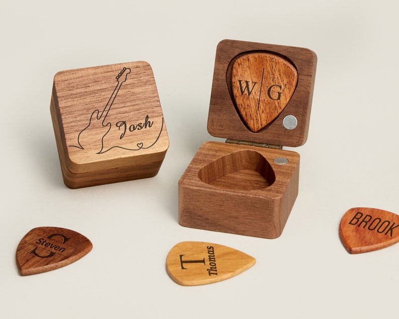 Personalized Guitar Picks, Custom Wooden Guitar Pick Case Box with Engraving, Wood Guitar Pick Organizer Music Gift for Guitarist Musician image 4