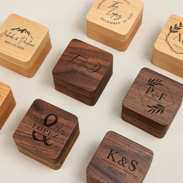 Personalisierte Gravur Ring Box aus Holz, Vorschlag Verlobungsring Box mit Name, Ehering Träger, Jubiläumsgeschenk, Ring Box gravieren