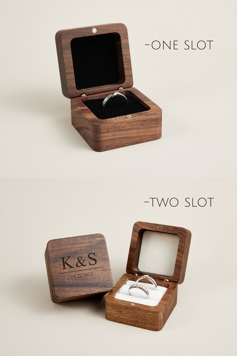 Caja de anillo de madera con grabado personalizado, caja de anillo de compromiso de propuesta con nombre, portador de anillo de boda, regalo de aniversario, caja de anillo grabada imagen 2