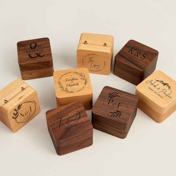 Designer-Ringbox aus Holz mit Personalisierung, gravierte Verlobungsringbox mit Namen, Eheringbox, Jubiläumsgeschenk, Ringbox mit Gravur