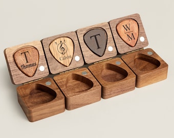 Púas de guitarra personalizadas, caja de púas de guitarra de madera personalizada con grabado, organizador de púas de guitarra de madera, regalo musical para guitarrista músico