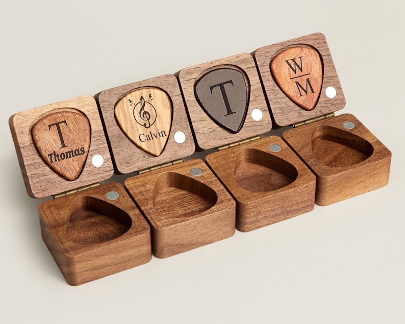 Personalized Guitar Picks, Custom Wooden Guitar Pick Case Box with Engraving, Wood Guitar Pick Organizer Music Gift for Guitarist Musician image 2