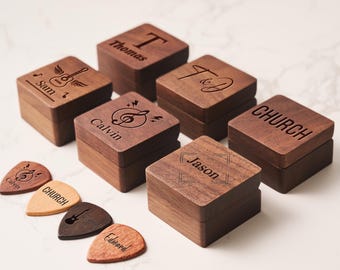 Personalized Guitar Picks, Custom Wooden Guitar Pick Case Box with Engraving, Wood Guitar Pick Organizer Music Gift for Guitarist Musician