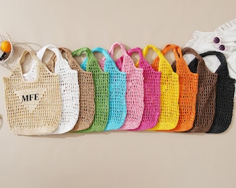 Gepersonaliseerde raffia-stranddraagtas voor vrouwen, geborduurde tas cadeau voor haar, handgemaakte strozak met initialen, herbruikbare raffia-boodschappentas