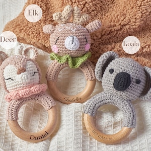Crochet Toy Rattle for Babies, Personalized Baby Shower Gift, Wooden Rattle Ring for Newborn Gift, Newborn Gift, Gift for Nephew Niece image 2