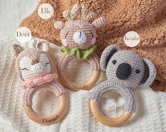 Personalized Rattle for Baby Shower, Name Engraving Baby Gift, Wooden Rattle Ring for Newborn Gift, Newborn Gift, Gift for Nephew Niece