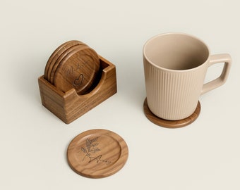 Personalized Wooden Coaster with Engraved Name, Custom Walnut Oak Coasters for Couples, Housewarming, Anniversary Gift for Her, Gift for Mum