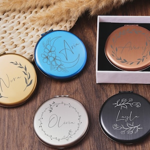Personalized Bridesmaid Compact Mirror in Stainless Steel,Customized Birth Flower For Wedding Gift,Fancy Compact Mirror For Anniversary Gift