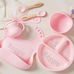 Personalized Cartoon Silicone Baby Weaning Set,Feeding Set with Name,Separator Tray Bib Cup,Engraved Toddler Feeding Set,Kids Silicone Plate