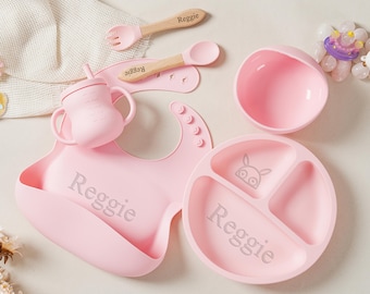 Personalized Cartoon Silicone Baby Weaning Set,Feeding Set with Name,Separator Tray Bib Cup,Engraved Toddler Feeding Set,Kids Silicone Plate