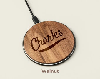 Station de chargement sans fil en bois personnalisée avec nom personnalisé, chargeur sans fil en bois avec nom personnalisé, charge rapide 15 W, chargeur portable sans fil Qi