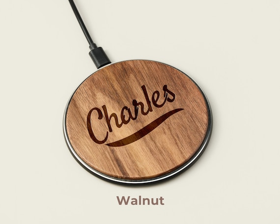 Fancy Personalized Wooden Wireless Charger Station, Custom Name - Main Image