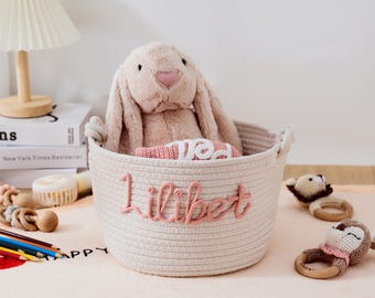 Cesto Porta Giocattoli Personalizzabile Con Nome - Regalo Baby Shower O Per Cameretta - Tessuto A Maglia In Cotone (M 25x16 Cm)