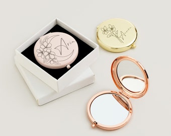 Regalo de espejo compacto de flor de nacimiento personalizado para regalo de San Valentín, espejo de maquillaje grabado para regalos de dama de honor, regalo de espejo de bolsillo personalizado