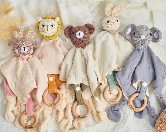 Personalized Comfort Blanket For Baby Shower Gift,Wooden Rattle Ring for Newborn Gift, Customized Security Blanket For Newborn Gift