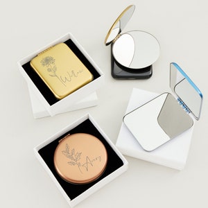 Personalized Bridesmaid Compact Mirror in Stainless Steel,Customized Birth Flower For Wedding Gift,Fancy Compact Mirror For Anniversary Gift