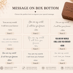 以下が含まれることがあります： 「You are my world, I will love you forever」を含む刻印テキストオプションを備えた木製ボックスの画像。パーソナライズのためのさまざまなフォントスタイルが表示されています。「MESSAGE ON BOX BOTTOM」のテキストが表示されています。