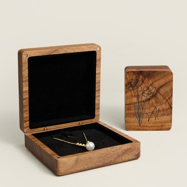 Lujosa caja de collar personalizada para ella, regalo de aniversario para él, caja de collar de madera grabada con nombre, caja de joyería personalizada para regalo
