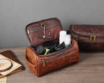 Personalized Travel Bag For Men,Faux Leather Hanging Toiletry Bag, Dopp Kits Personalized, Custom Gift For Men, Groomsmen Dopp Kit For Him