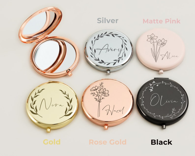 Miroir de poche doré personnalisé pour elle, cadeau prénom de demoiselle d'honneur gravé, miroir de maquillage fleurs de naissance personnalisé pour cadeaux d'anniversaire image 5