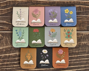 Custom Name Bookmark with Birth Flower,Leather Birth Flower Bookmark,Personalized Magnetic Bookmark,Book Lover Birthday Gift,Book Accessory