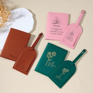 Personalisierte Leder Passport Cover und Gepäckanhänger für Reisende, benutzerdefinierte Geburtsmonat Blume auf dem Passport Wallet Tag für Muttertagsgeschenk