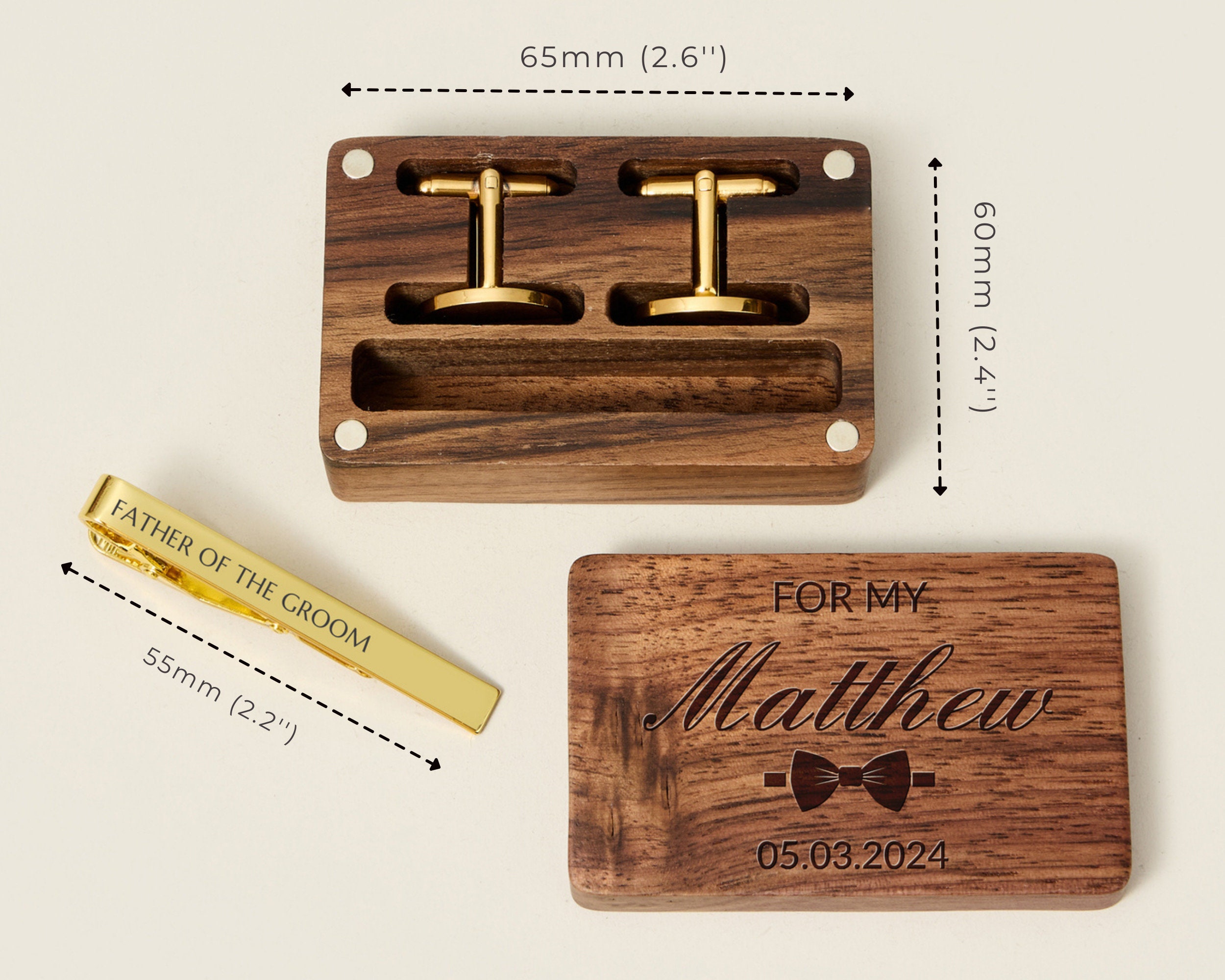 Fermacravatta E Gemelli Personalizzati In Noce Nera - Set Regalo Uomo Con Scatola Di Legno, Per Matrimoni E Eventi - Foto 3