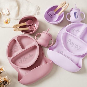 Personalized Silicone Baby Weaning Set, Custom Dinnerware Set, Kids Feeding Set with Name, Engraved Weaning Set for Toddler,Custom Baby Gift