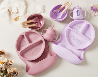 Personalized Silicone Baby Weaning Set, Custom Dinnerware Set, Kids Feeding Set with Name, Engraved Weaning Set for Toddler,Custom Baby Gift