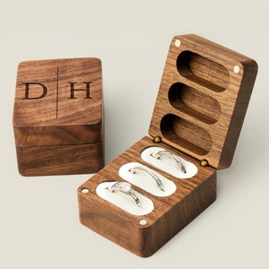 Personalized Wooden Wedding Ring Box,Customized Engagement Three Slots Rings Box,Fancy Engraved Ring Bearer For Anniversary Gift