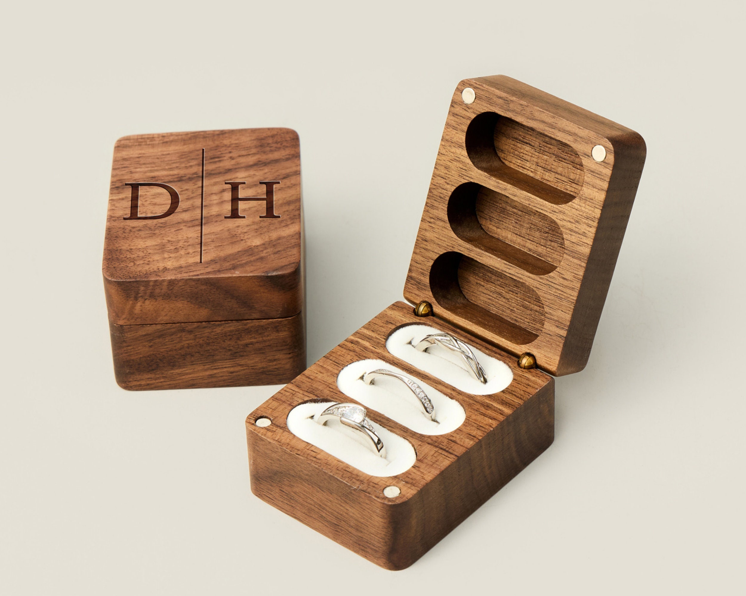 Personalized Wooden Wedding Ring Box,Customized Engagement Three Slots Rings Box,Fancy Engraved Ring Bearer For Anniversary Gift