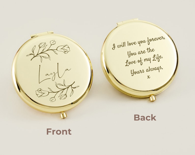 Personalized Gold Pocket Mirror Gift For Her,Engraved Bridesmaid Name Gift,Custom Birth Flowers Makeup Mirror For Anniversary Gifts image 4