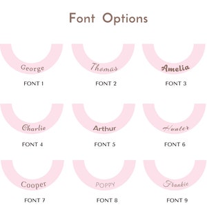 K&ouml;nnte beinhalten: Neun verschiedene Schriftarten f&uuml;r ein personalisiertes Namensschild. Jede Schriftart wird in einem rosafarbenen Bogen mit einem in brauner Schrift geschriebenen Namen angezeigt. Die Schriftarten sind von 1 bis 9 nummeriert.