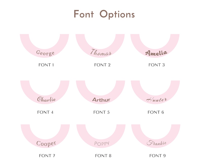 K&ouml;nnte beinhalten: Neun verschiedene Schriftarten f&uuml;r ein personalisiertes Namensschild. Jede Schriftart wird in einem rosafarbenen Bogen mit einem in brauner Schrift geschriebenen Namen angezeigt. Die Schriftarten sind von 1 bis 9 nummeriert.