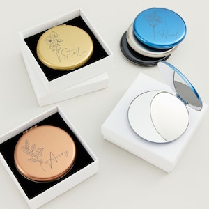 Fancy Engraved Bridesmaid Makeup Mirror in Stainless Steel,Customized Birth Flower For Wedding Gift,Luxurious Compact Mirror For Anniversary