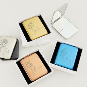 Fancy Engraved Bridesmaid Makeup Mirror in Stainless Steel,Customized Birth Flower For Wedding Gift,Luxurious Compact Mirror For Anniversary