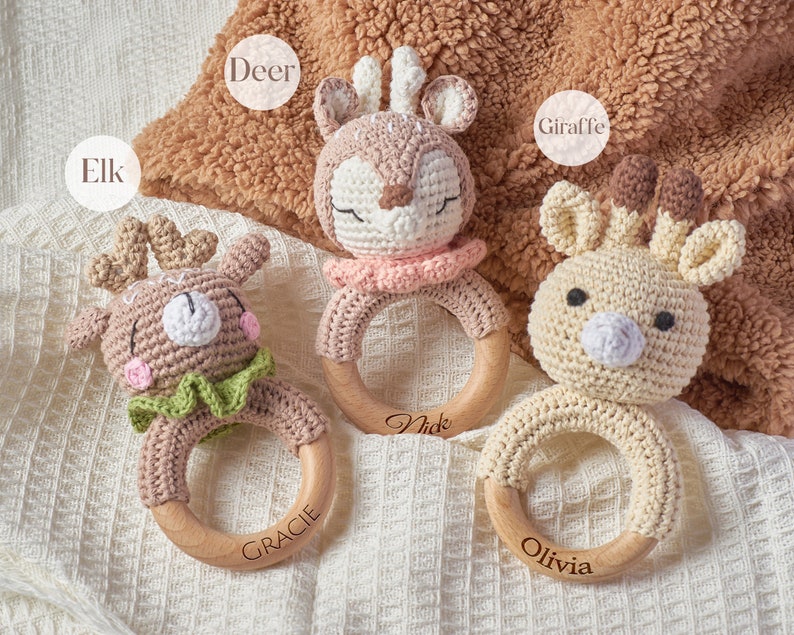 Crochet Toy Rattle for Babies, Personalized Baby Shower Gift, Wooden Rattle Ring for Newborn Gift, Newborn Gift, Gift for Nephew Niece image 4