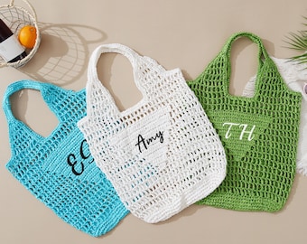 Geborduurde stranddraagtas, gepersonaliseerde strandstrotas voor vrijgezellenfeest, handgemaakte tas met initialen raffia cadeau voor haar, ideale huwelijkscadeaus