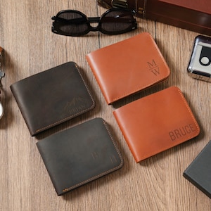 Cartera de cuero personalizada para él, cartera de cuero genuino grabada con nombre, tarjetero hecho a mano, regalo de aniversario, regalo del Día del Padre.